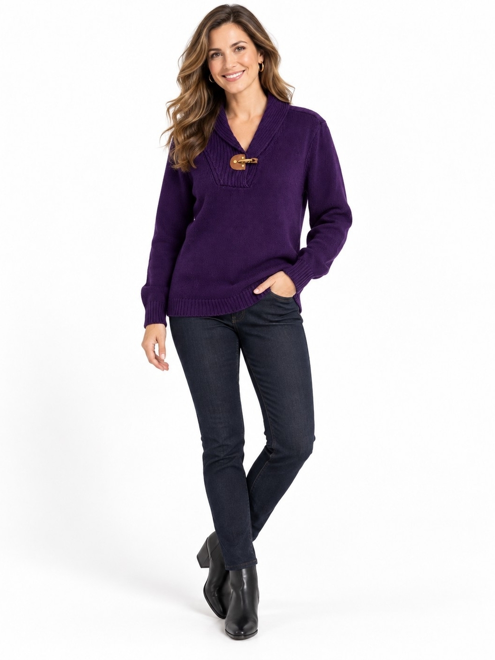 Ralph Lauren Women's Eggplant Purple V-Neck Toggle Sweater Large - Picture 2 of 4